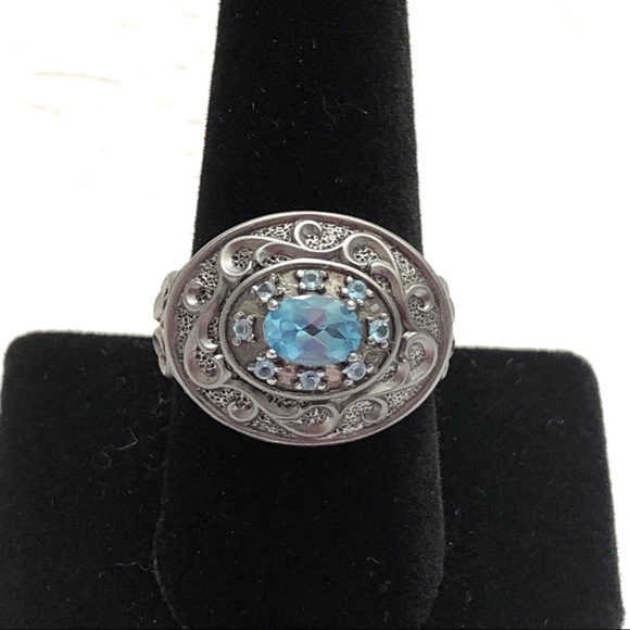Blue Topaz Oxidized Sterling Silver Ornate Scroll Ring 10 - Picture 9 of 16